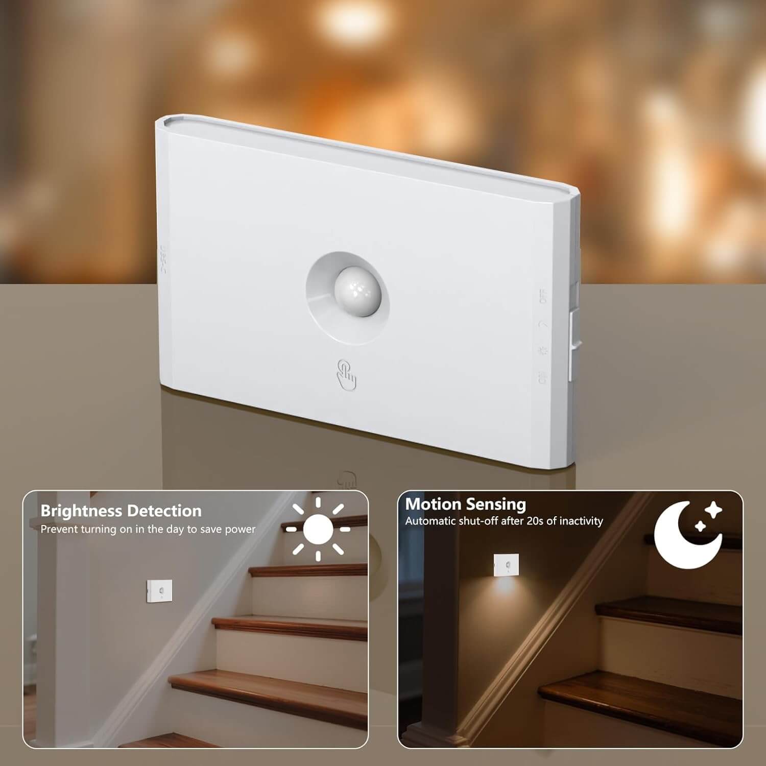 Dual-Sensor Stair Night Light: Brightness Detection (Daytime Off) + Motion Sensor (20s Auto-Off) – Rechargeable Wireless Stick-on for Staircase Safety