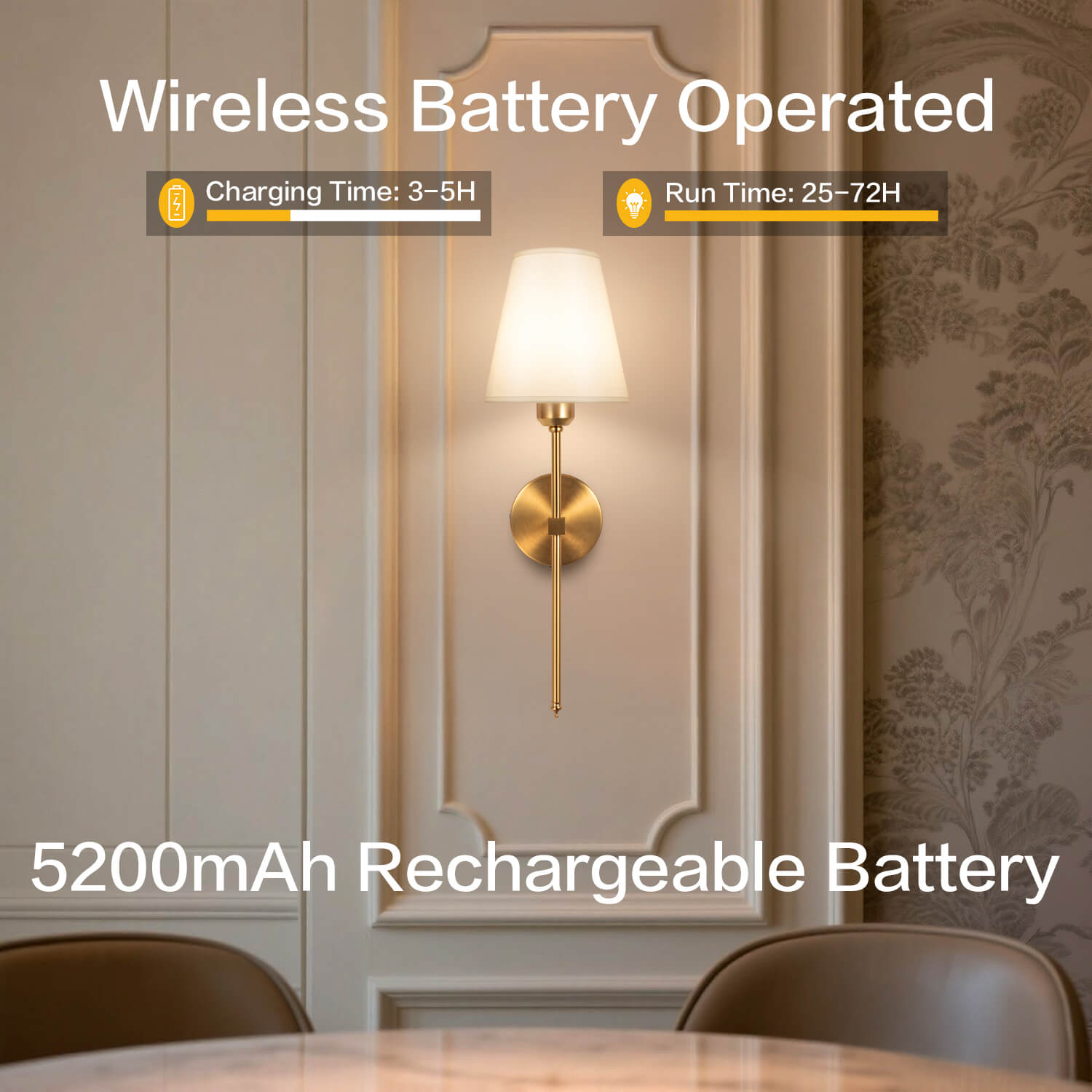 Wireless Battery Operated Bronze Wall Lamp - 5200mAh Rechargeable Battery, 3-5H Charging Time & 25-72H Run Time for Indoor Decor