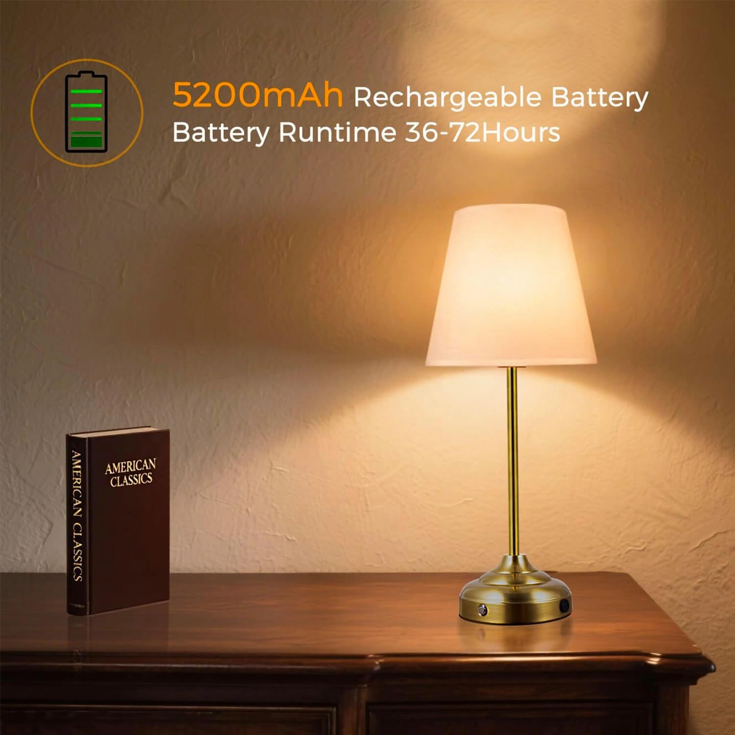 5200mAh Rechargeable Vintage Brass Table Lamp: 36-72H Runtime, Wireless Cordless – Warm White Lighting for Bedroom, Study, Outdoor Camping