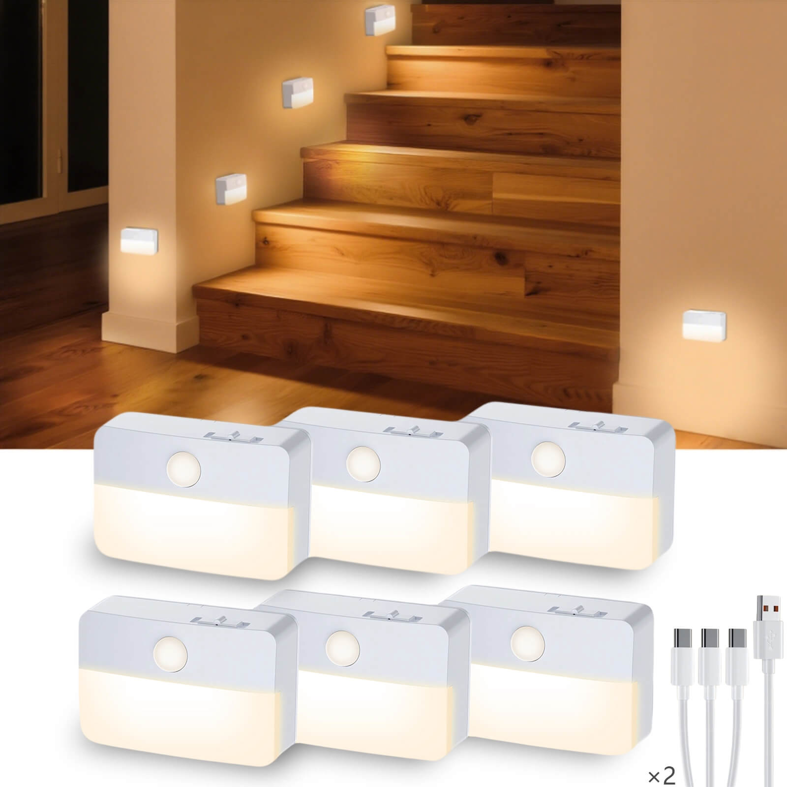 6-Pack Rechargeable LED Night Lights: Motion-Activated, Magnetic Mount (No Wiring) – 2 USB Charging Cables, Ideal for Staircase & Multi-Room Installation