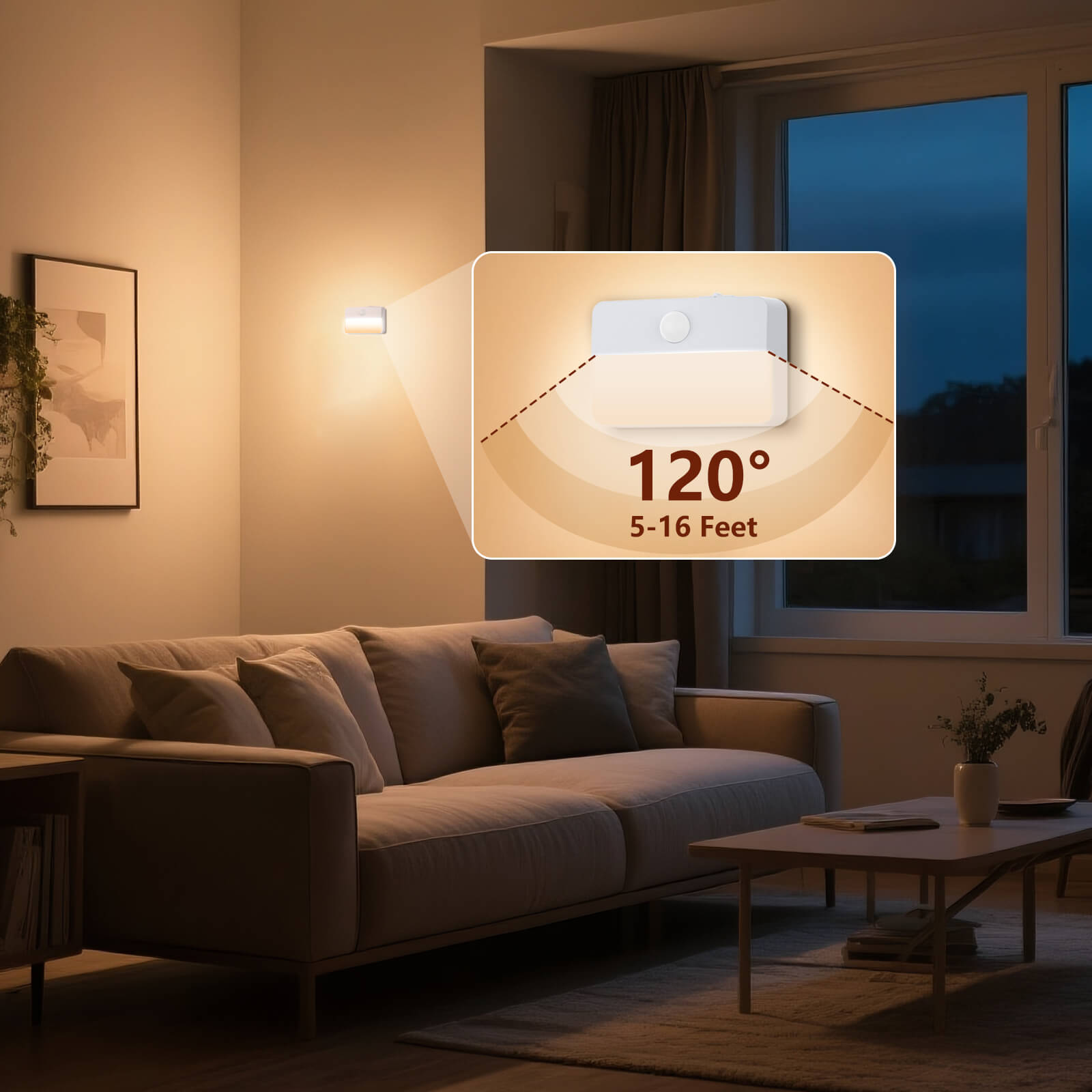 Living Room Motion-Activated Night Light: 120° Angle & 5-16ft Range for Automatic Lighting – Safe Navigation After Dark (Wireless Rechargeable)