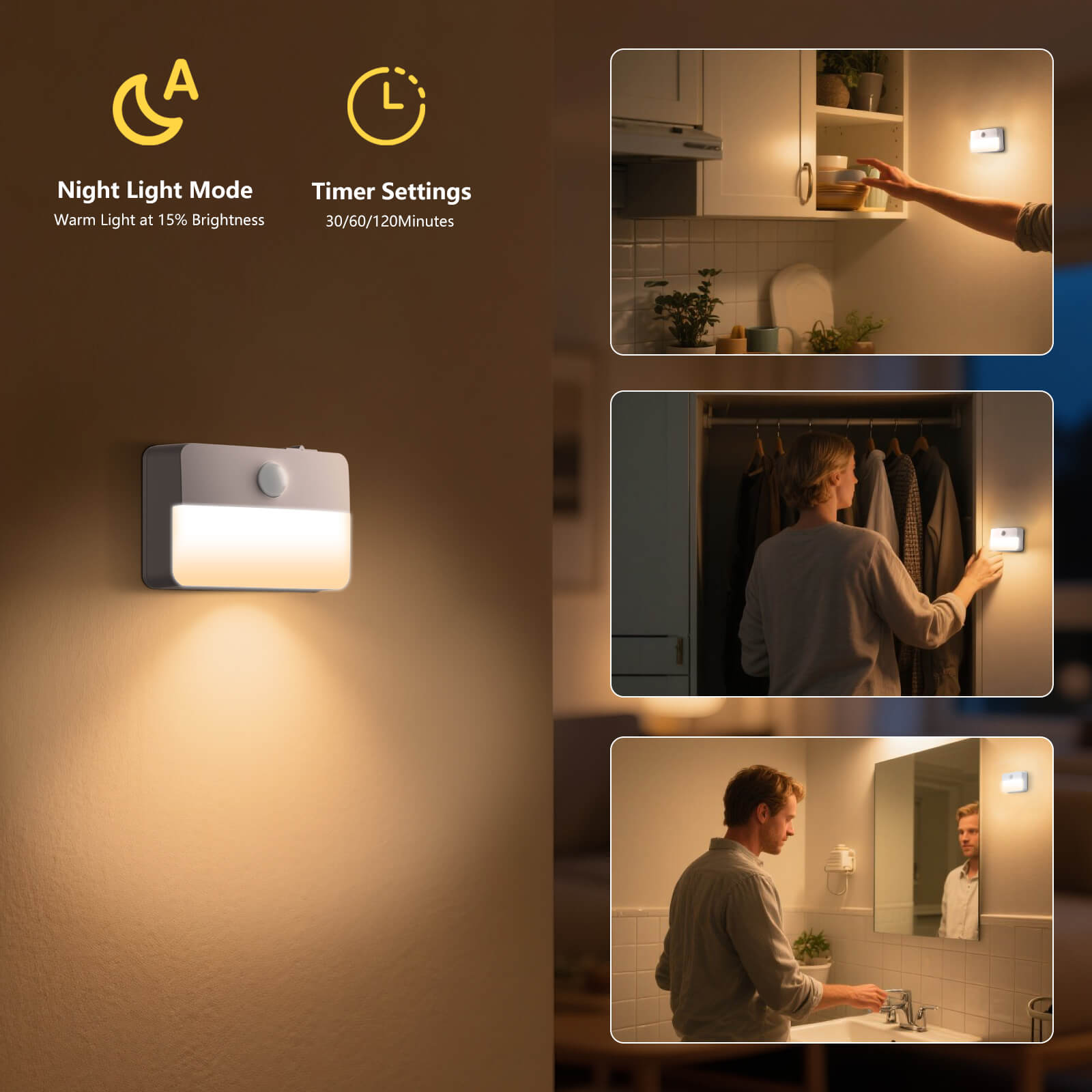 Wireless Stick-on LED Night Light: Warm 15% Brightness Mode (Kitchen Cabinet, Wardrobe, Bathroom) with 30/60/120min Timer – Battery-Powered Indoor Lighting for Nighttime Use