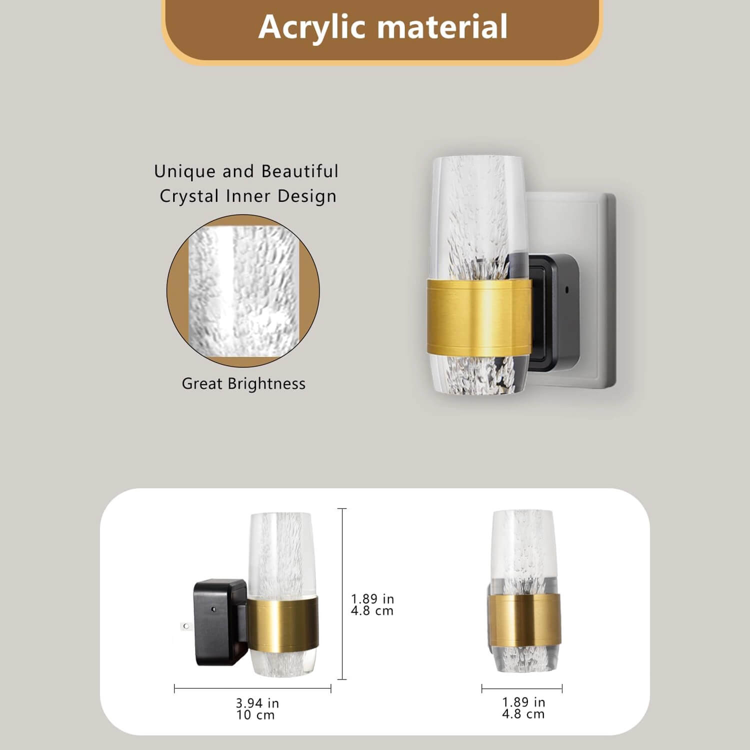 Acrylic LED Night Light with Crystal Inner Design: Brass Gold Ring, Wall Plug-in, 3.94in x 1.89in Size – Unique Texture & Great Brightness for Indoor Decor