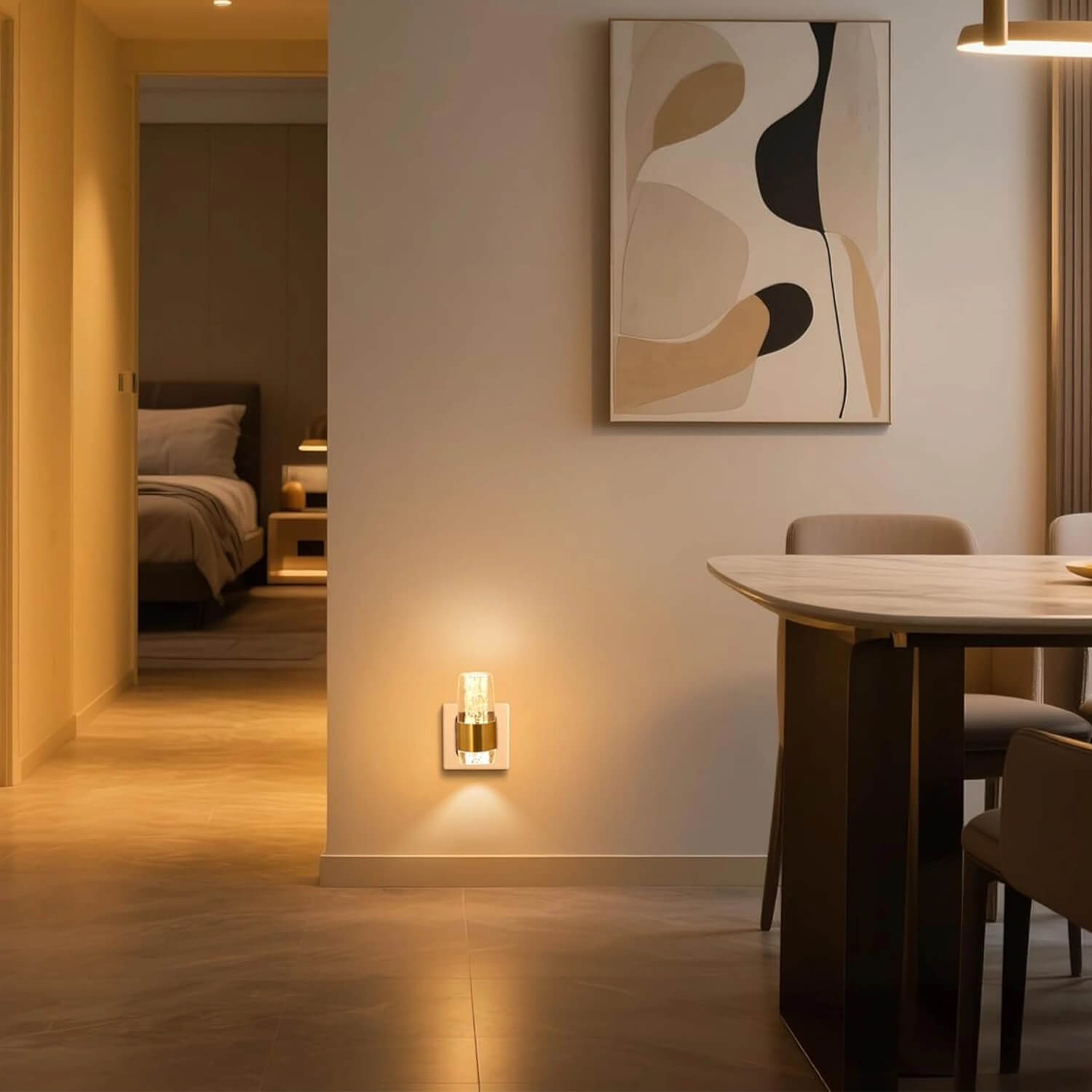 Automatic LED Night Light with Light Sensor: Brass Glass Wall Plug-in, Dusk-to-Dawn Auto On/Off – Warm White Lighting for Hallway, Living Room, Bedroom