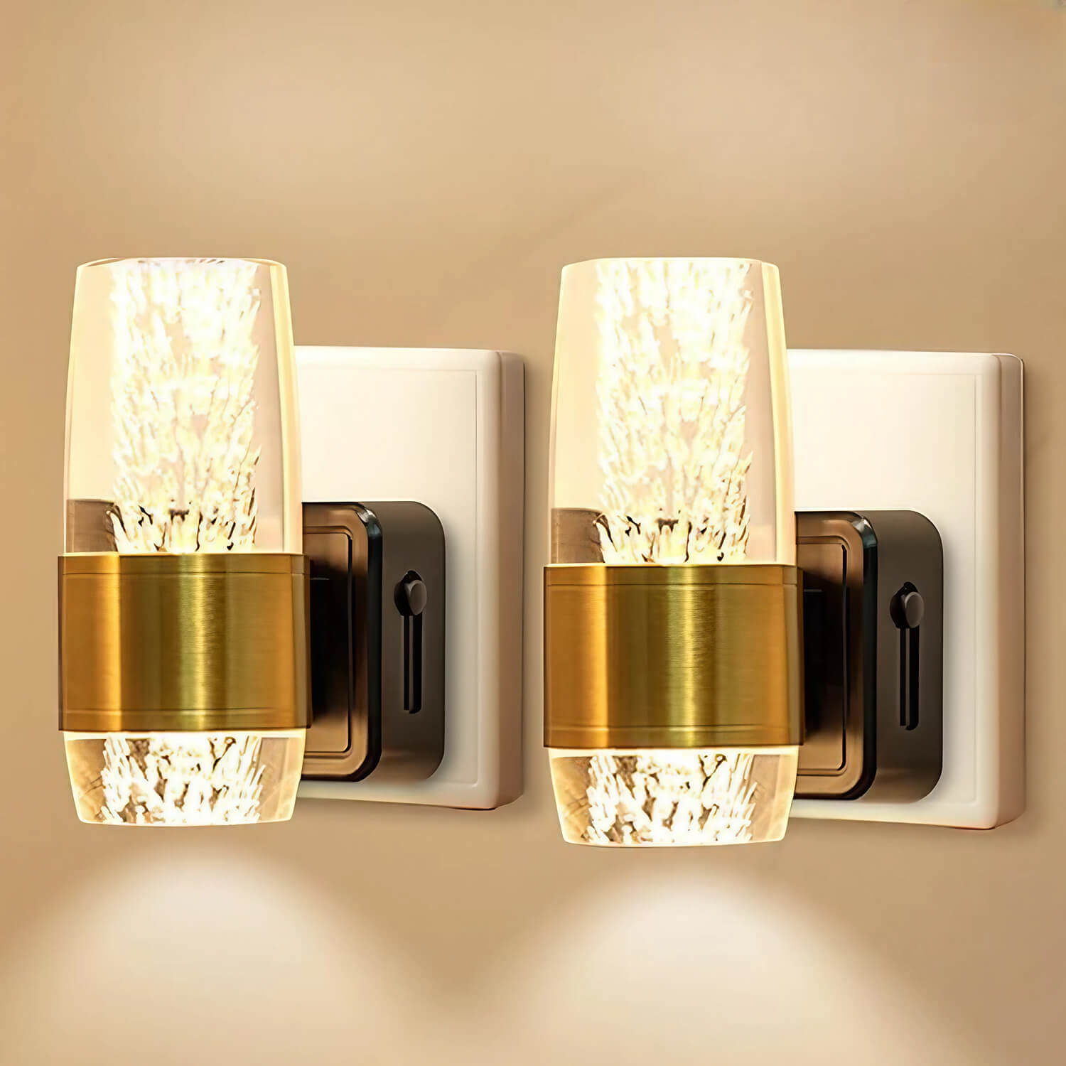 2 Pack Automatic LED Night Lights with Light Sensor: Brass Glass Wall Plug-in, Dusk-to-Dawn Auto On/Off – Indoor Hallway, Bedroom, Bathroom Lighting