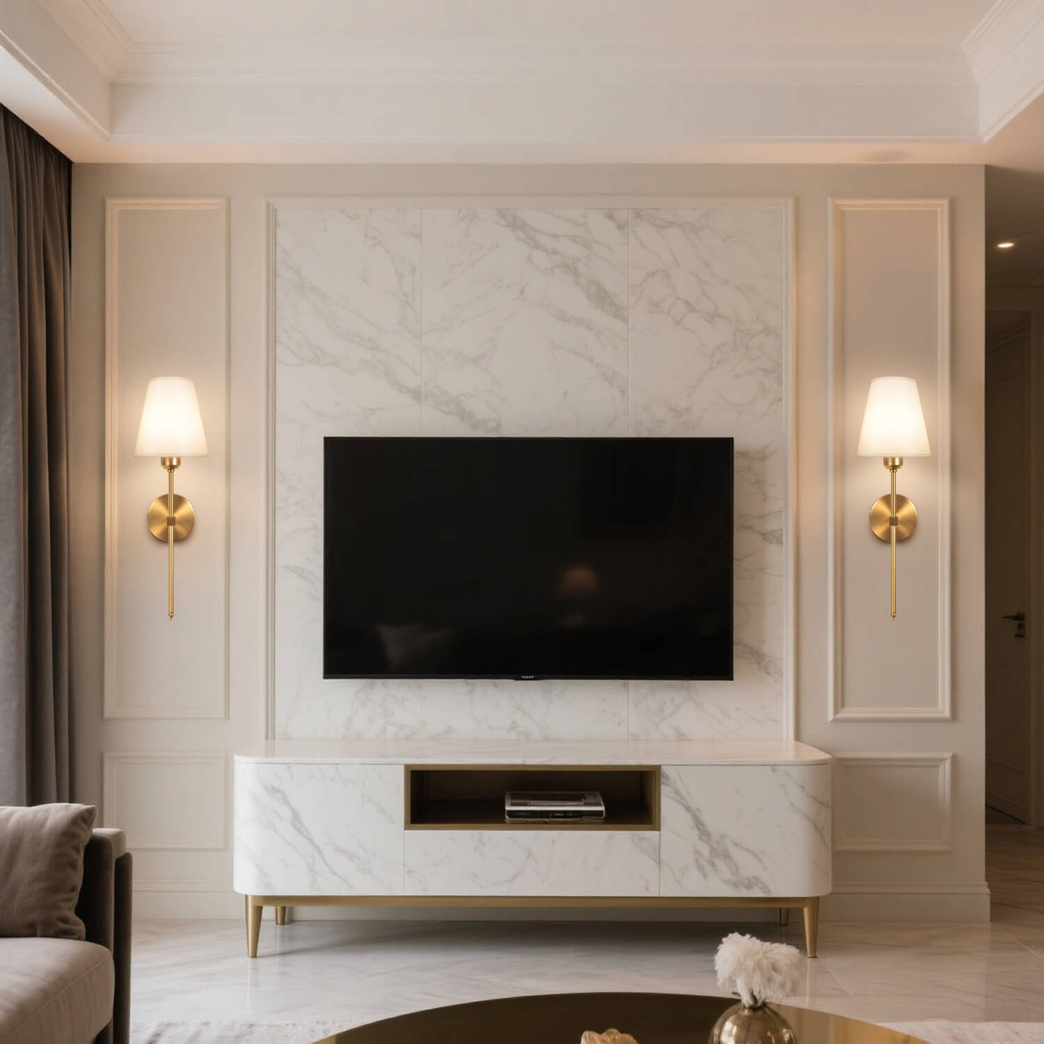 Gold Bronze Wall Lamps for Living Room TV Wall - Pair of Symmetric Sconces Create Luxury Ambient Lighting, Perfect for Marble Background & Modern Classic Decor