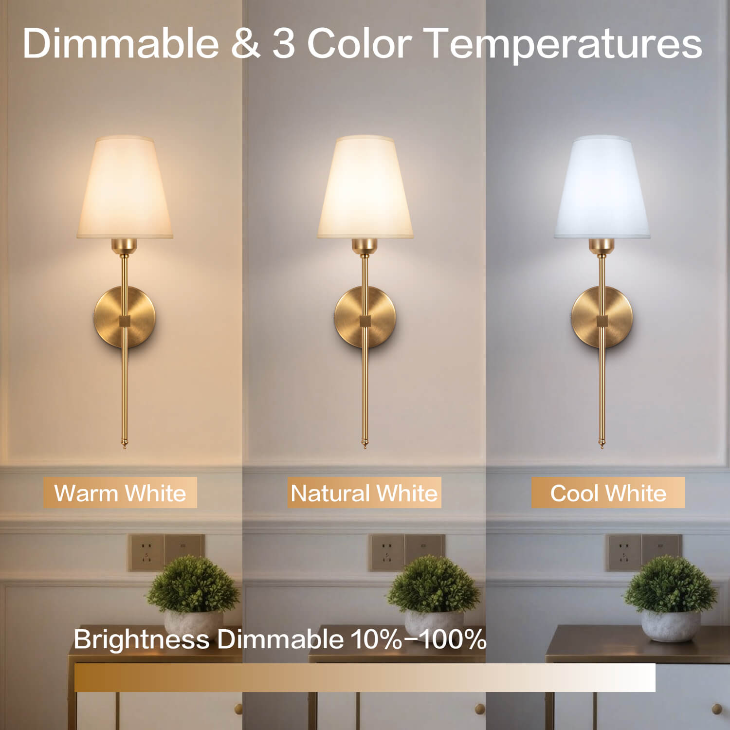Dimmable Bronze Wall Lamps with 3 Color Temperatures - Warm White/Natural White/Cool White, 10%-100% Brightness Adjustment for Living Room & Bedroom