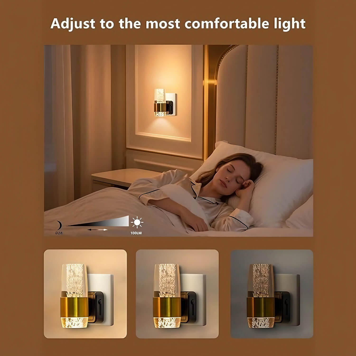 Dimmable Light Sensor LED Night Light: 0-100LM Brightness Adjustment, Brass Glass Wall Plug-in – Warm White Ambient Light for Bedroom (Ideal for Sleep-Friendly Lighting)