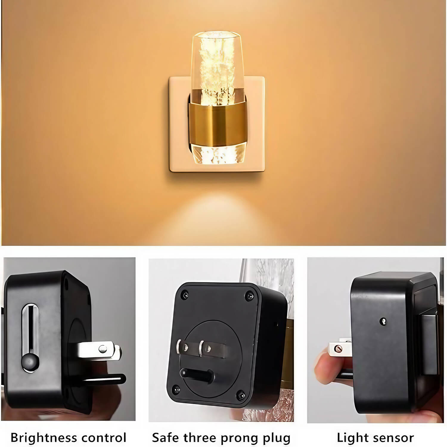 Dimmable Light Sensor LED Night Light: Brass Gold Design, Brightness Control Knob, Safe 3-Prong Plug – Auto On/Off & Manual Dimming for Indoor Use