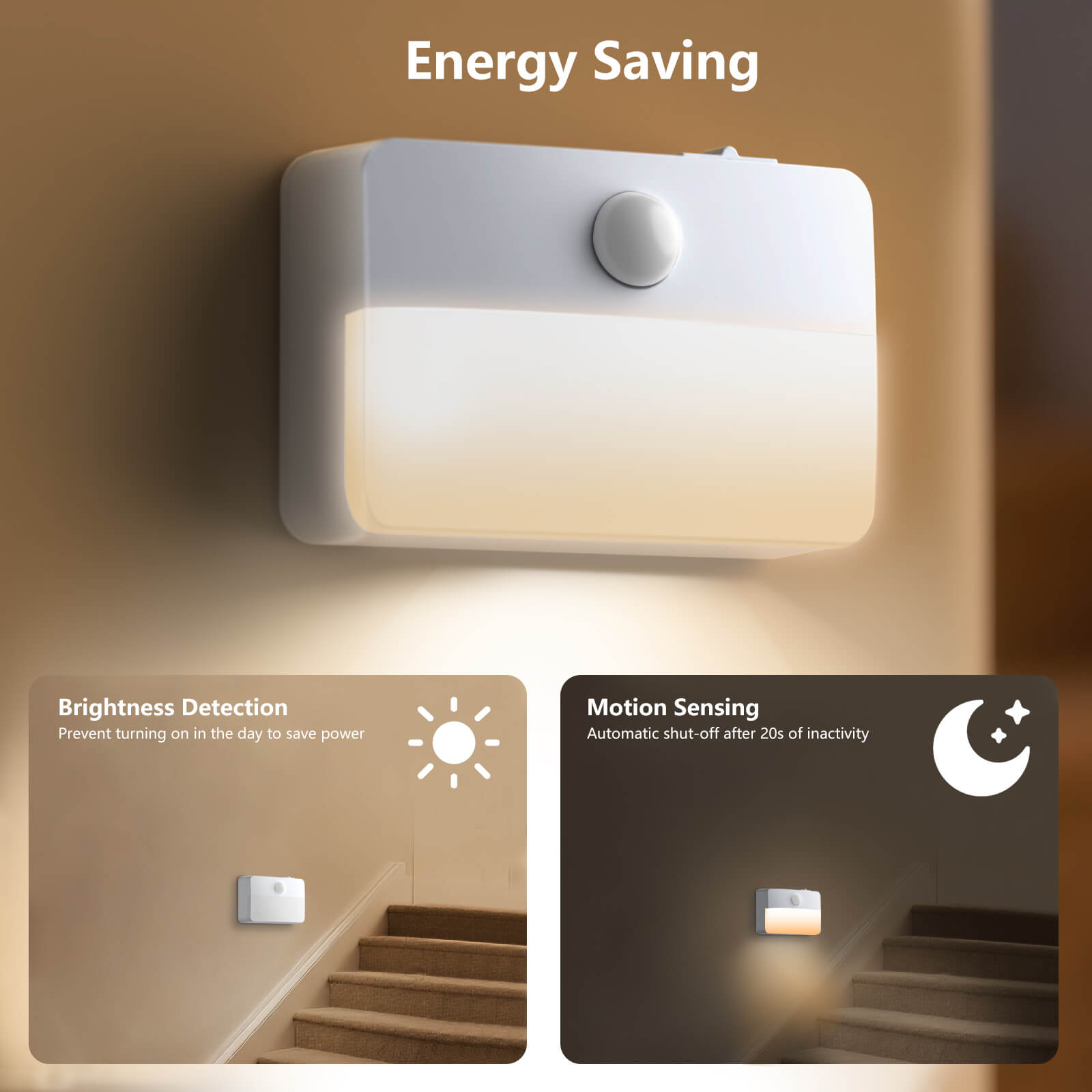 Energy Saving Wireless LED Night Light: Brightness Detection (Daytime Off) + Motion Sensor (20s Auto-Off) – Staircase Installation for Power Efficiency