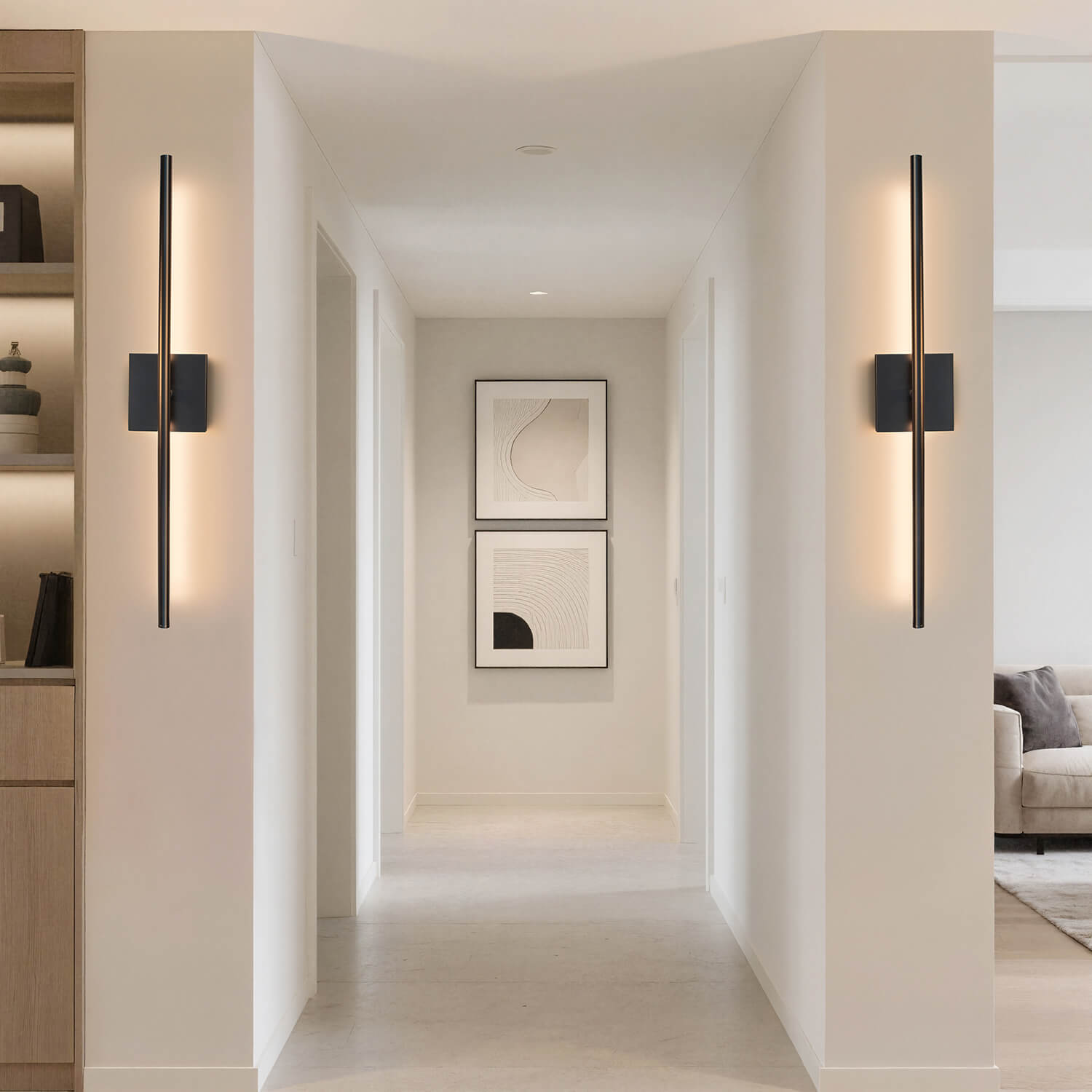 Minimalist Black Slim LED Wall Lamps: Hallway Corridor Lighting, Symmetric Installation – Warm Ambient Light for Modern Home Entryway & Passage