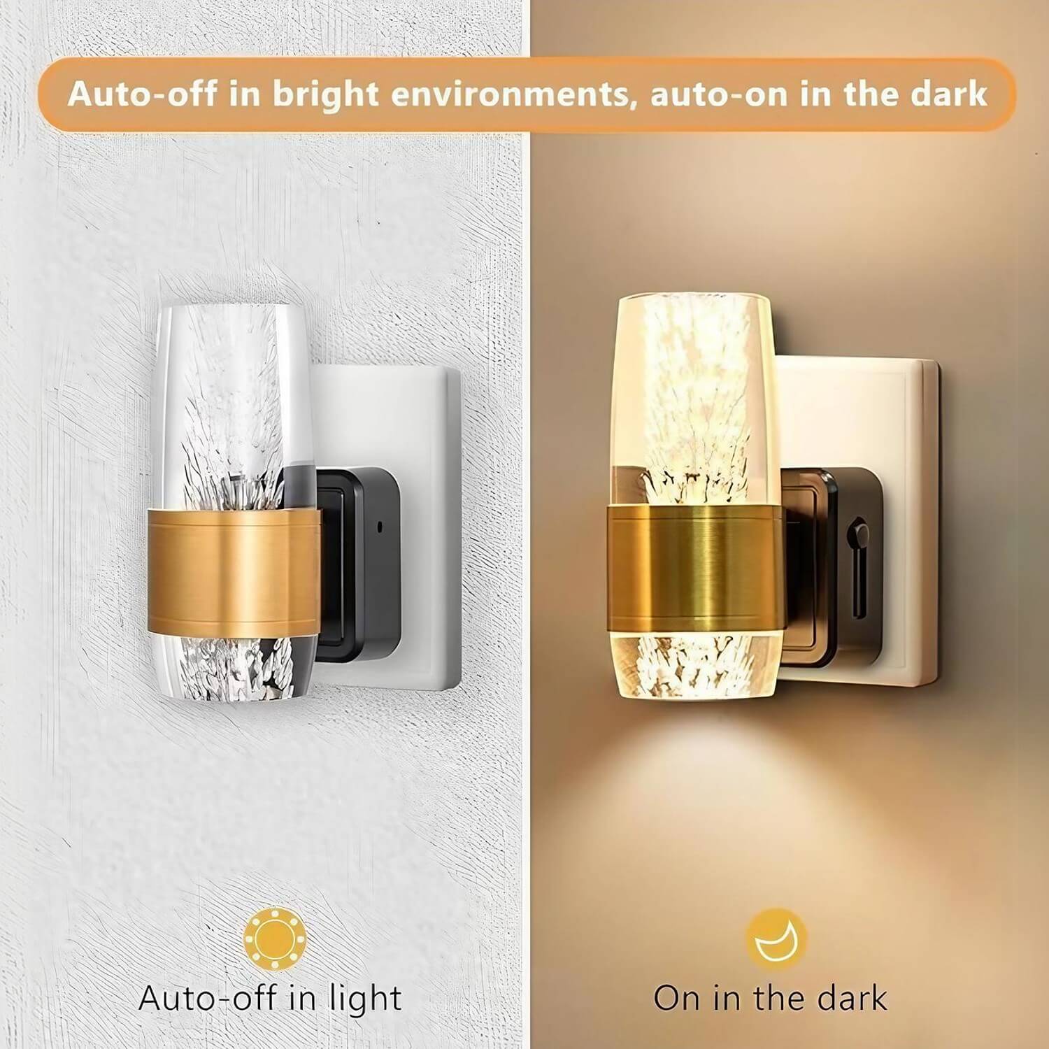 Light Sensor LED Night Light: Auto On in Dark/Auto Off in Bright, Brass Crystal Acrylic Design – Dusk-to-Dawn Indoor Lighting for Hallway, Bedroom
