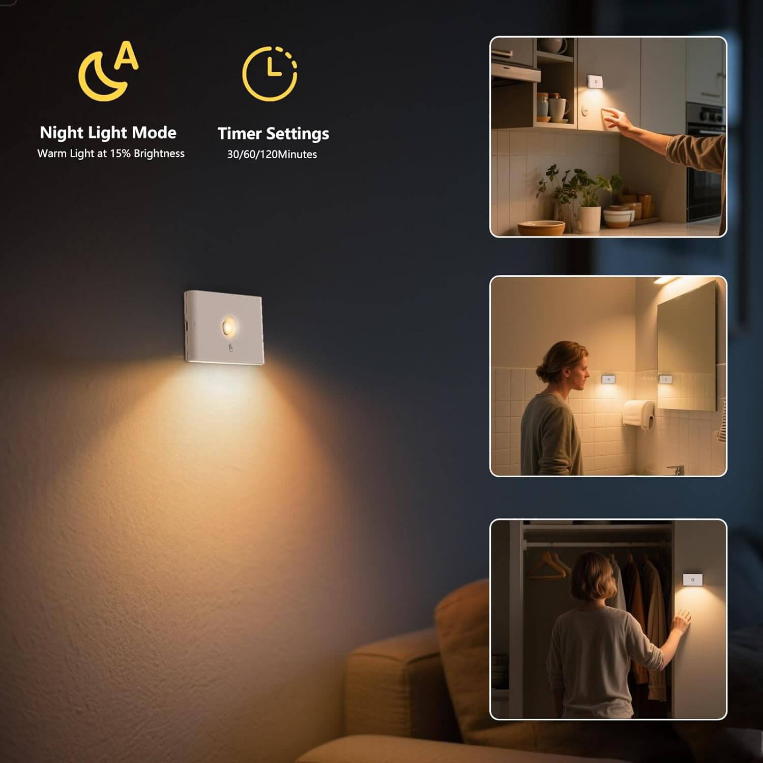 LED Night Light with Night Light Mode (Warm 15% Brightness) & Timer (30/60/120min) – Wireless Stick-on for Kitchen, Bathroom, Wardrobe, Bedroom