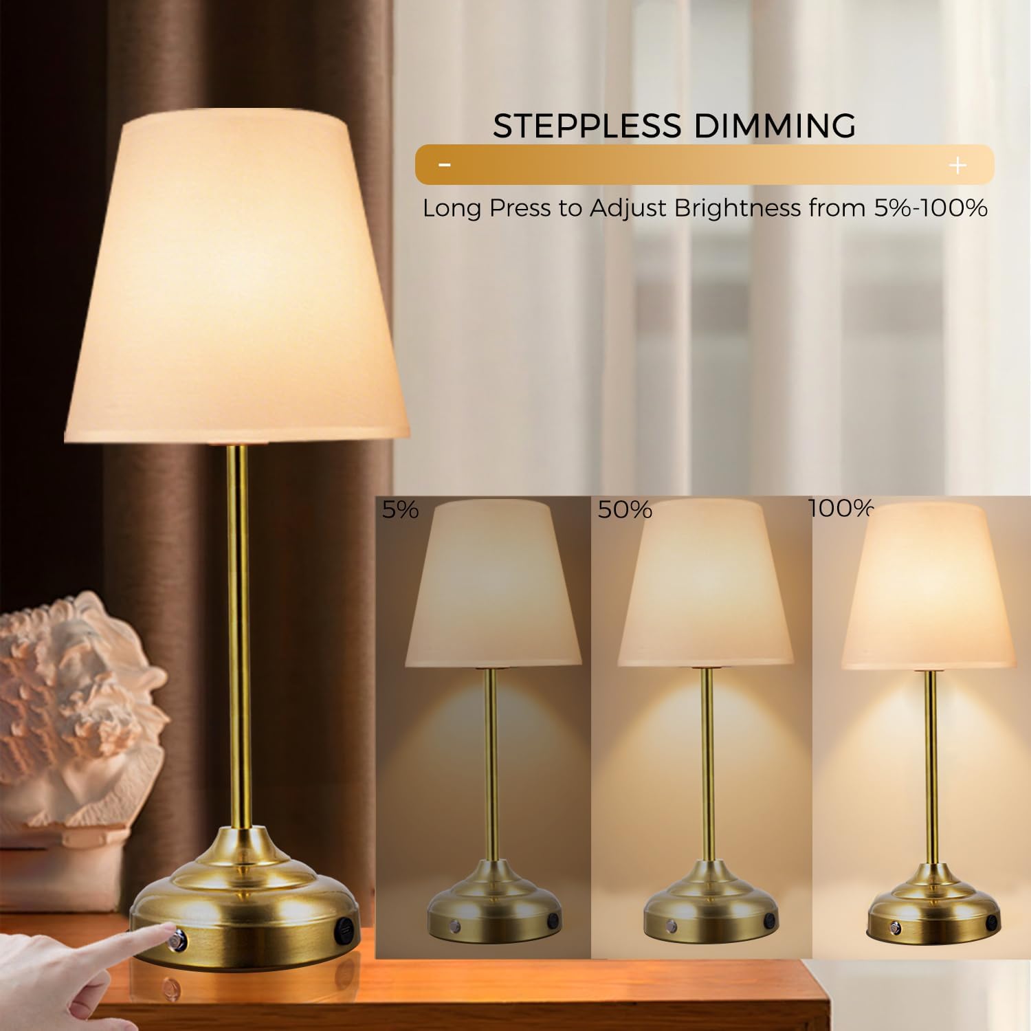 Stepless Dimming Vintage Brass Table Lamp: 5%-100% Brightness Adjustment, Touch Control – Warm White Bedside Reading Light for Bedroom, Office
