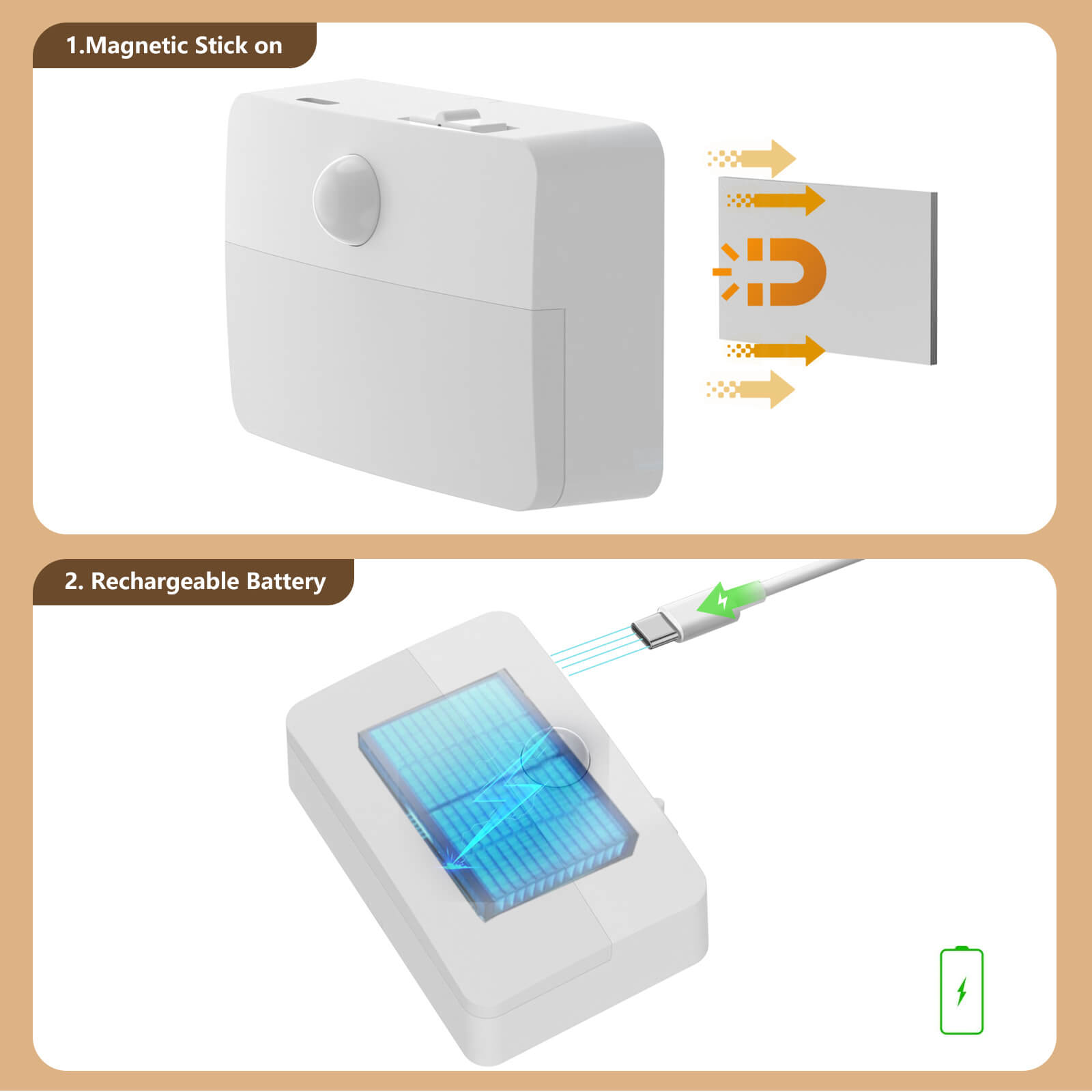 Wireless LED Night Light: 1. Magnetic Stick-on Installation (No Tools Needed) 2. Rechargeable Battery with USB Charging – Easy to Install & Long-Lasting Power