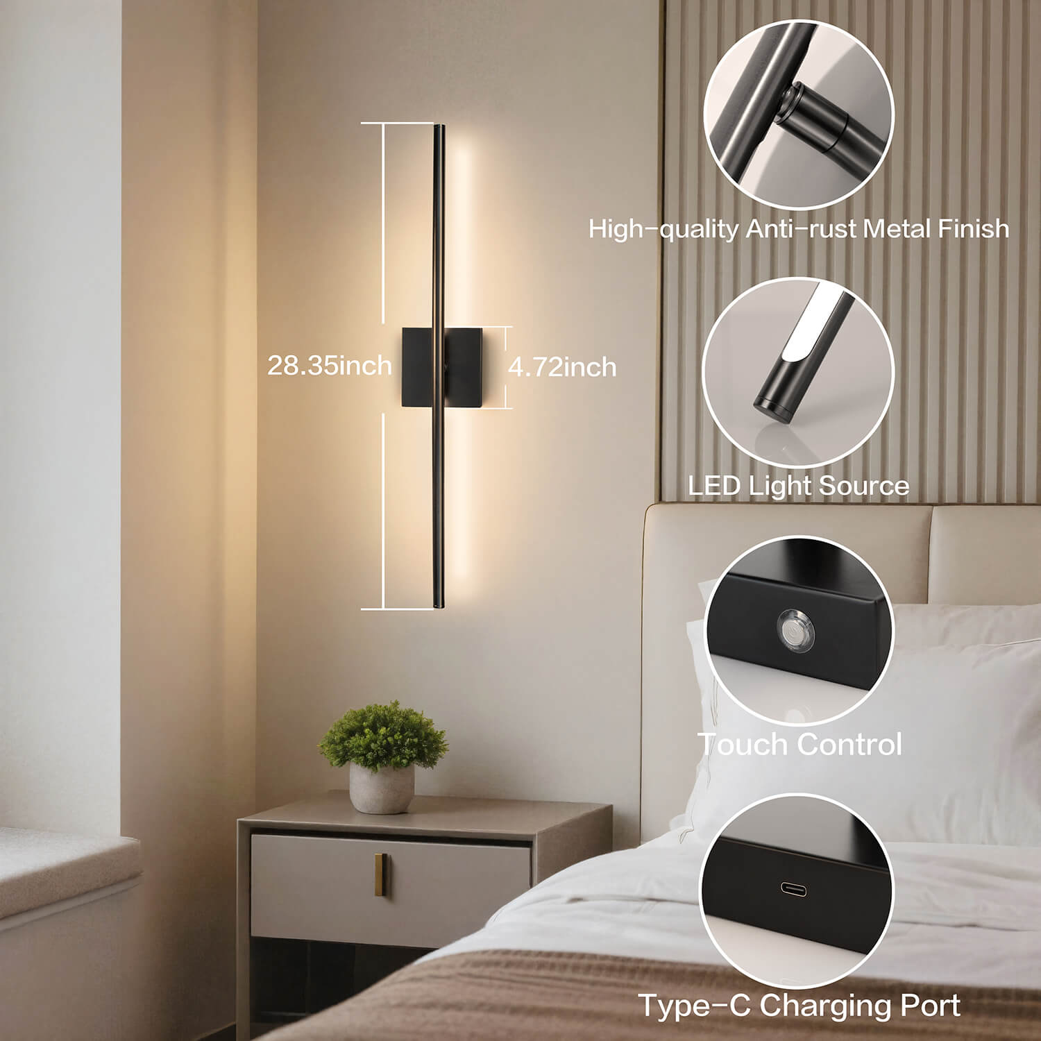 28.35inch Touch Control LED Wall Lamp: Anti-rust Metal, Type-C Rechargeable, Dimmable – Bedroom Bedside Lighting with Touch Sensor & USB Charging