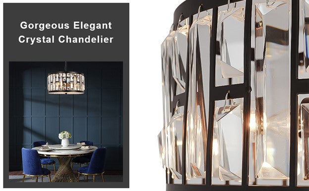 Coolilumi brand rectangular chandelier with five exposed bulbs hanging from ceiling