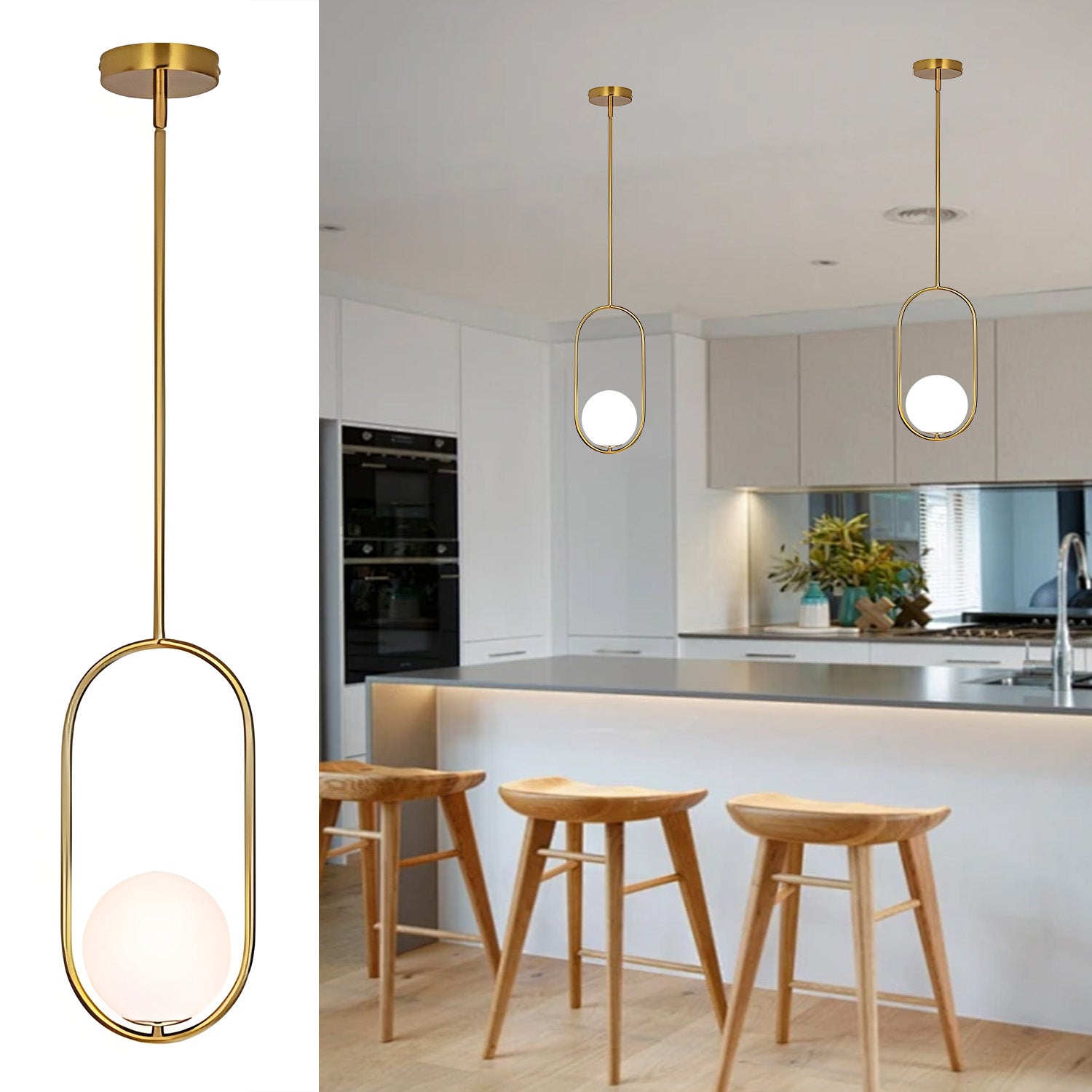 Gold Pendant Light Single – Opal Glass for Entryway, Bedroom or Kitchen Bar by Coolilumi