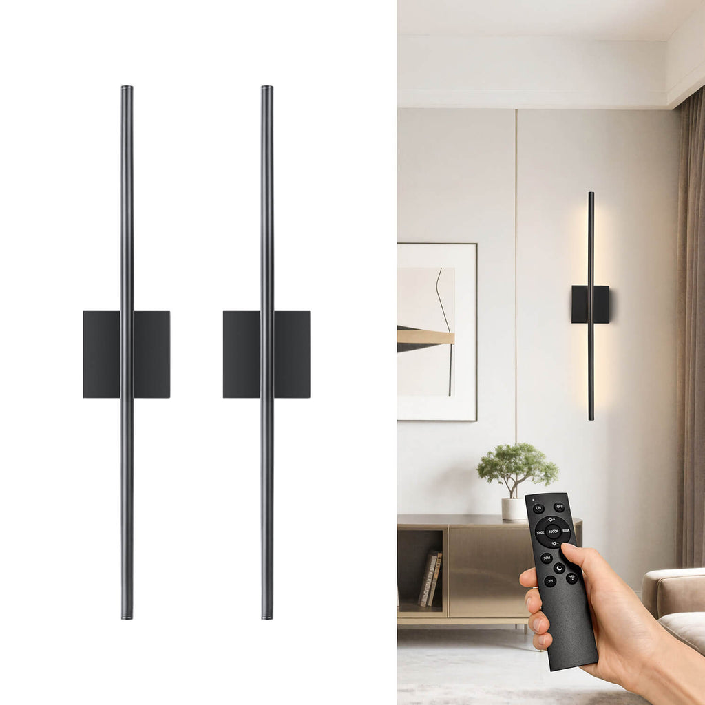 2 Pack Remote Control LED Wall Lamps: Black Slim Minimalist Design, Dimmable & Color Adjustable – Wireless Living Room Art Wall Lighting