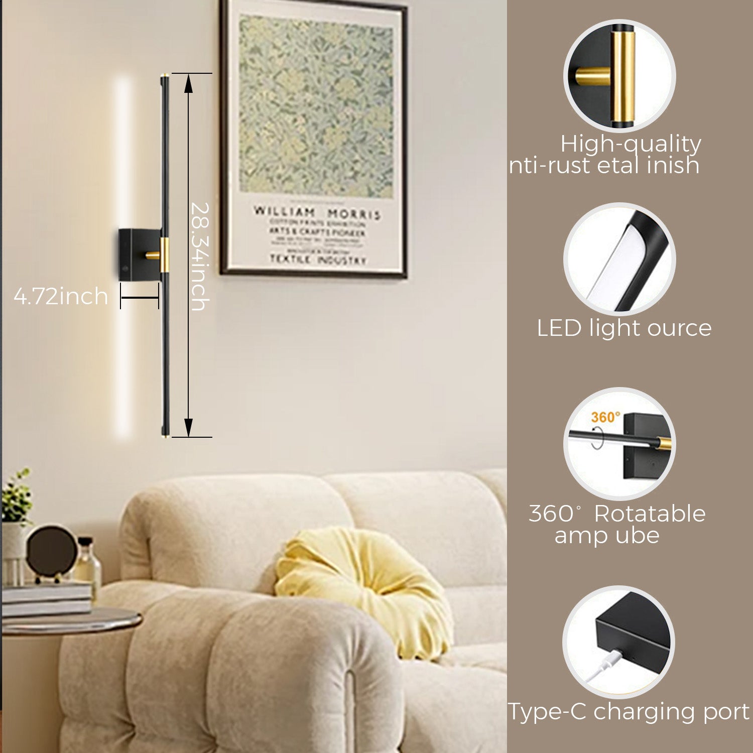 Rechargeable Wall Sconce 10000mAh Battery Operated – Motion Sensor LED Wall Light Black & Gold by Coolilumi