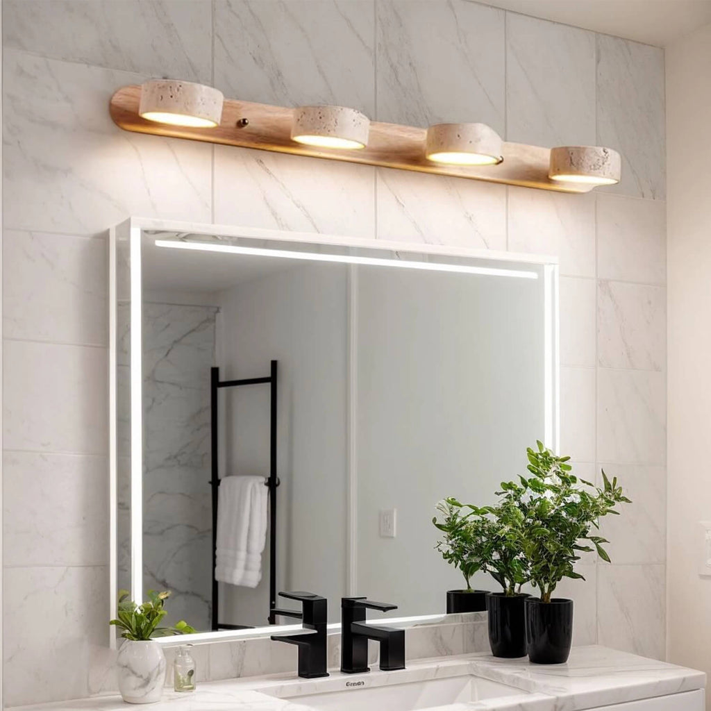 4-Light Rotatable Stone & Wood LED Vanity Light: Luxury Marble Bathroom Mirror Lighting, Adjustable Warm Glow – Modern Japandi Minimalist Decor for Makeup