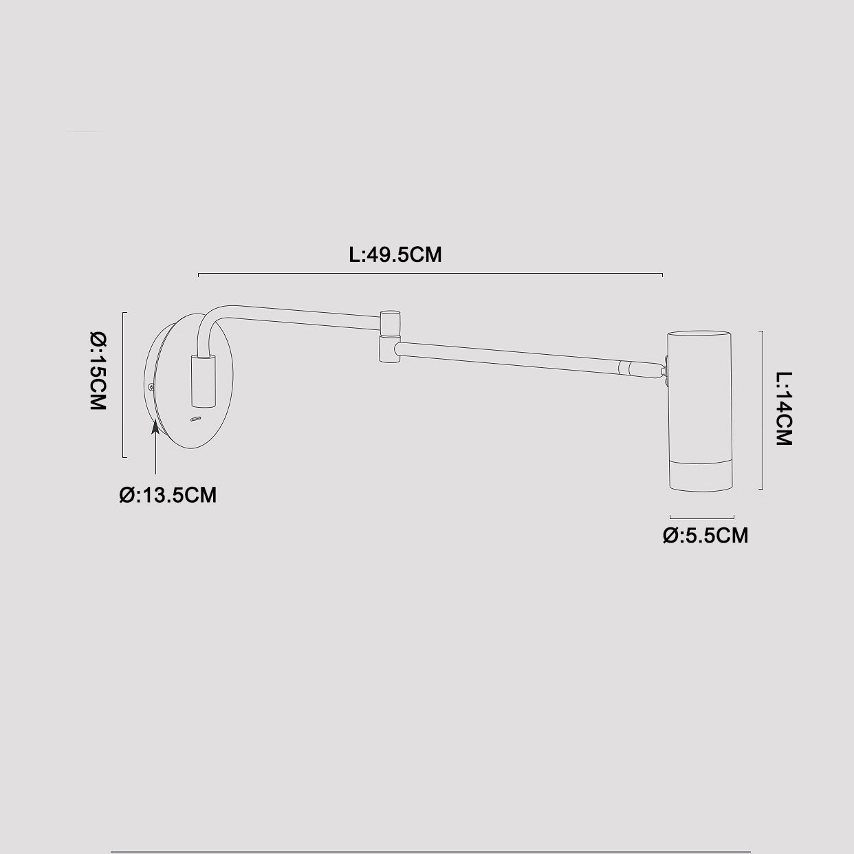 Adjustable LED Wall Sconce Dimensions Diagram: 49.5cm Length, 14cm Lamp Head, 13.5cm Base – Multi-Joint Rotatable Arm for Bedroom, Office