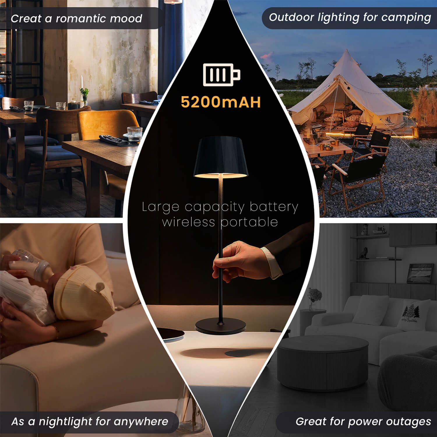 5200mAh Wireless Portable Table Lamp - Indoor Romantic Lighting, Outdoor Camping Light, Nursery Nightlight, Emergency Power Outage Lamp - Rechargeable LED Lamp for Home & Travel