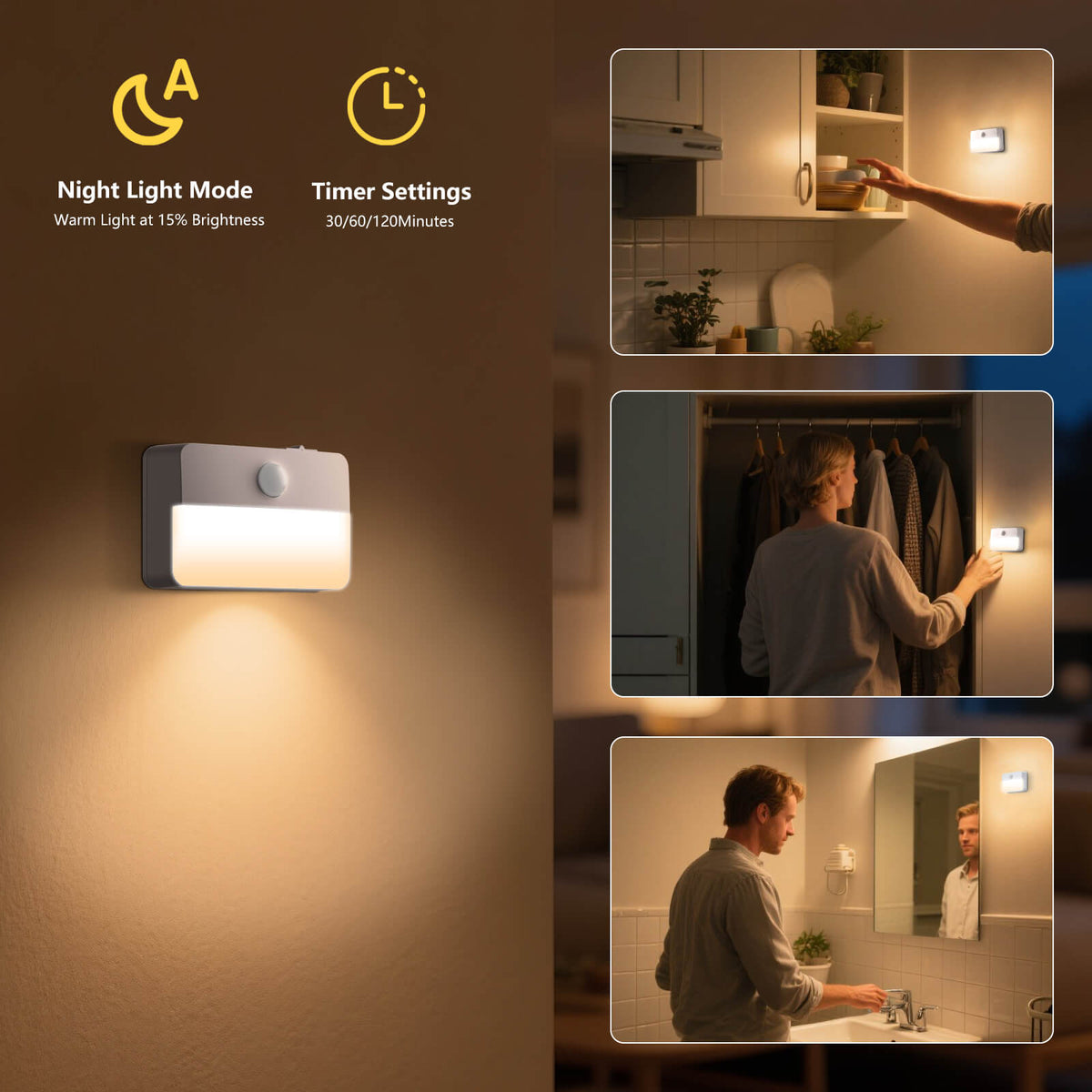 Battery Operated Wireless Stick-on LED Night Lights for Indoor – 6 Pack