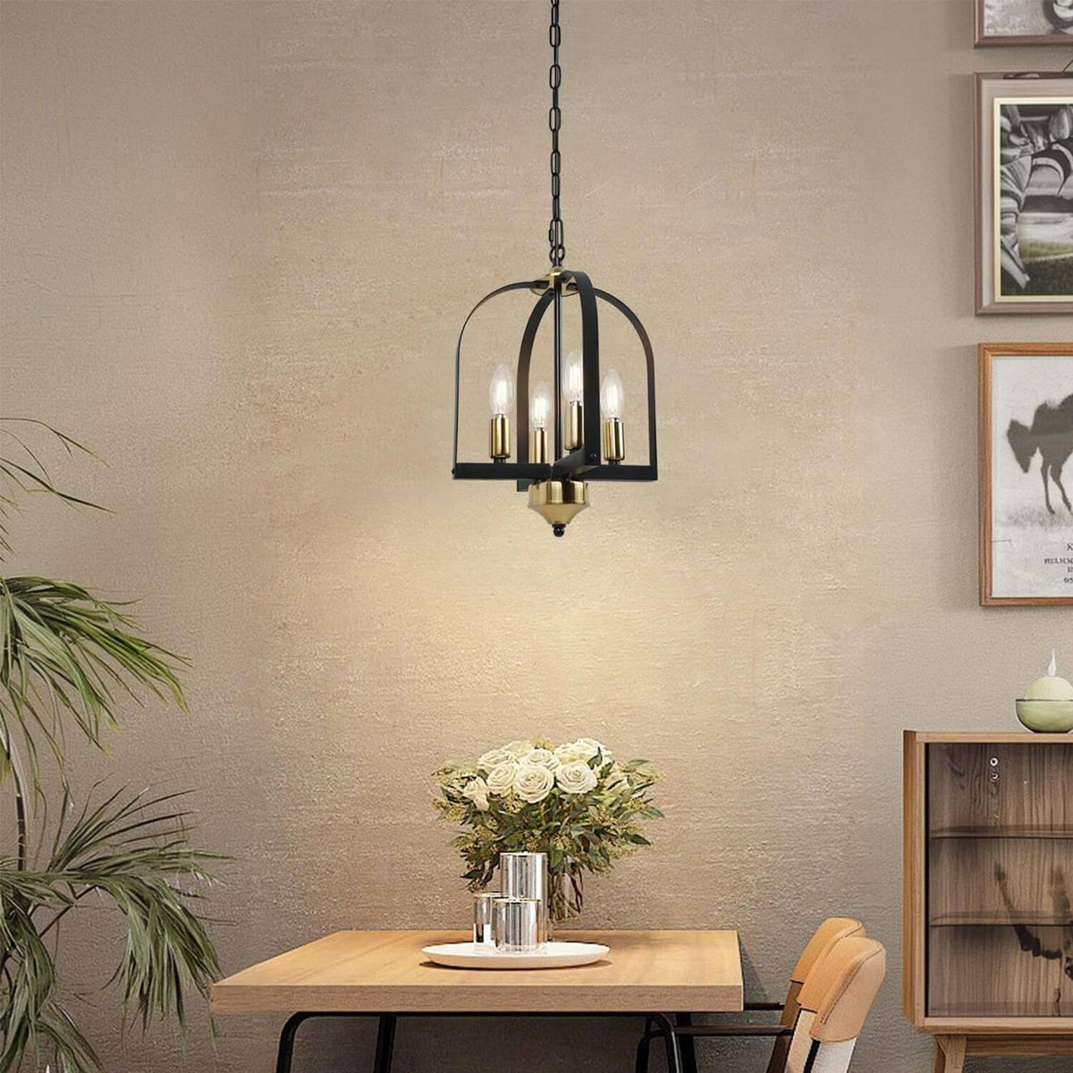 Birdcage Lamp - Black & Gold Vintage Pendant Light, Warm Glow for Dining Table