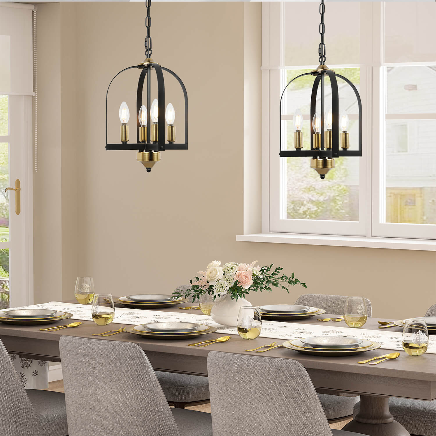 Birdcage Lamp Pair - Black & Gold Vintage Pendant Lights for Dining Table, Warm Ambience