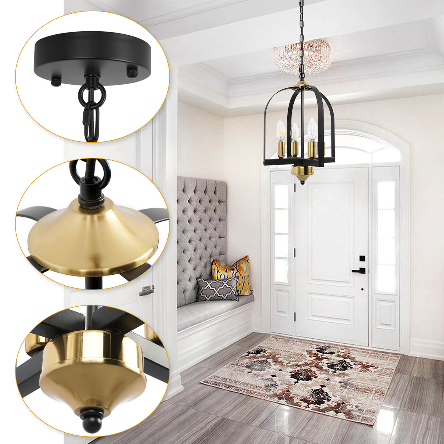 Birdcage Lamp - Black & Gold Vintage Entryway Pendant Light, Chain & Ceiling Plate Details