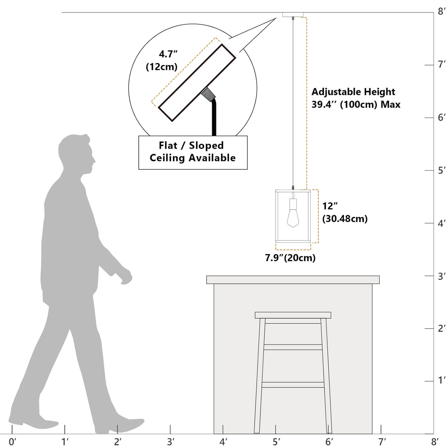 Coolilumi Small Square Lamp Size Comparison: Adjustable Height up to 100cm (39.4"), Fits Flat/Sloped Ceilings, 30.48cm Height with Human Silhouette Scale