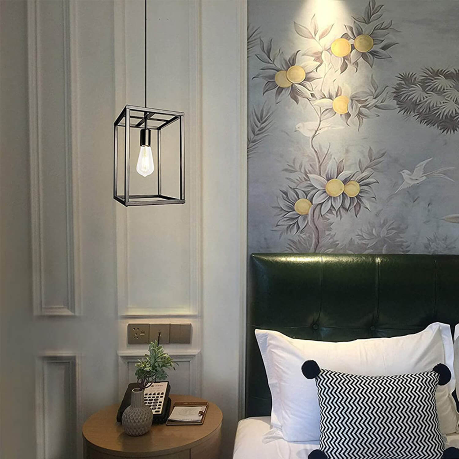 Coolilumi Square Pendant Lamp - Minimalist Black Metal Frame, Hanging Above Bedroom Nightstand, Warm Light with Floral Wallpaper Backdrop