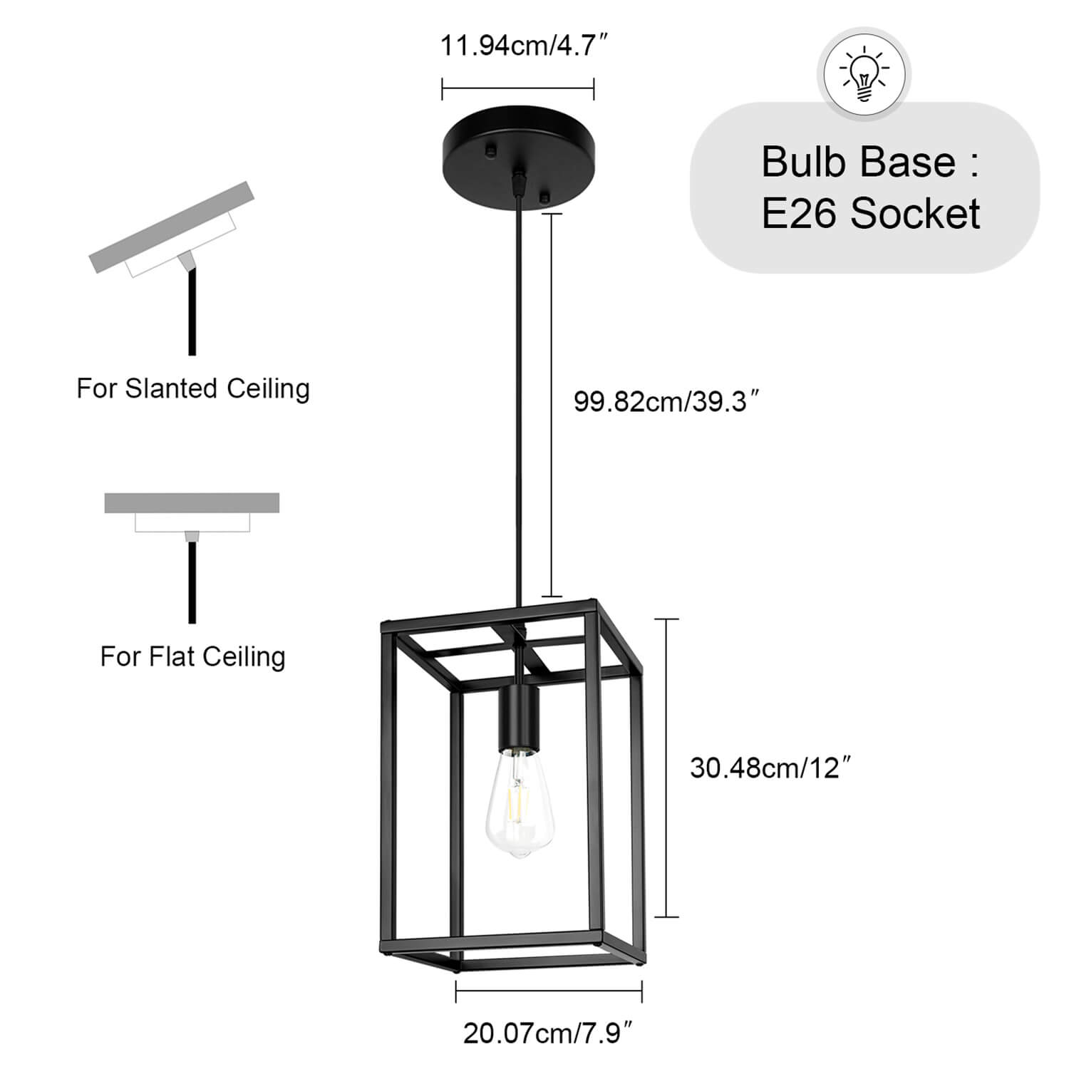 Coolilumi Small Square Lamp - Dimensions & Installation Guide: 30.48cm Height, E26 Socket, Fits Slanted/Flat Ceilings