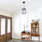 Coolilumi Square Pendant Lamp - Black Minimalist Frame, Hanging in Farmhouse-Inspired Entryway with White Wainscoting and Wooden Furniture