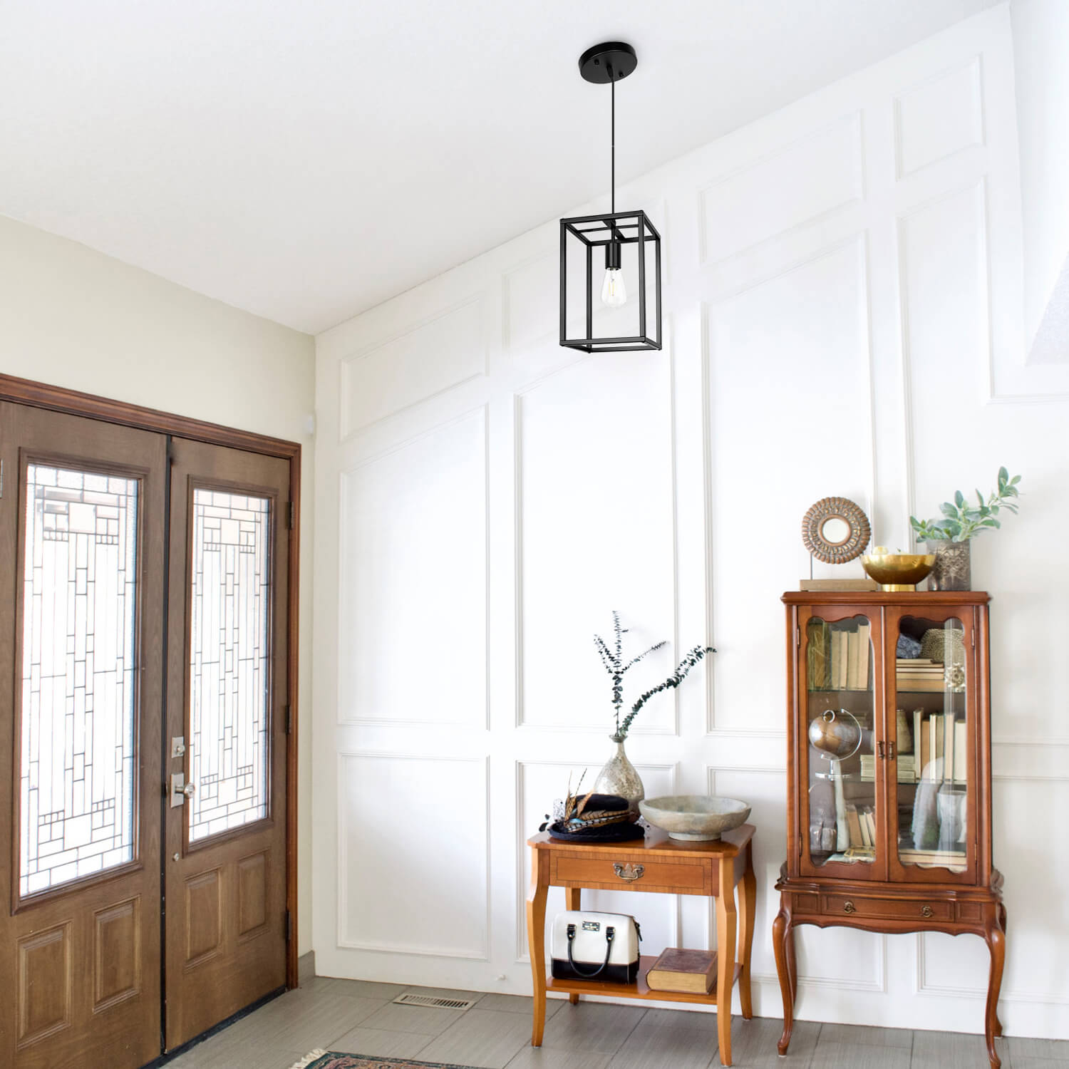 Coolilumi Square Pendant Lamp - Black Minimalist Frame, Hanging in Farmhouse-Inspired Entryway with White Wainscoting and Wooden Furniture