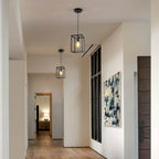 Coolilumi Square Pendant Lamps - Double Black Minimalist Clusters Hanging in Modern Hallway with Abstract Art and Wooden Flooring