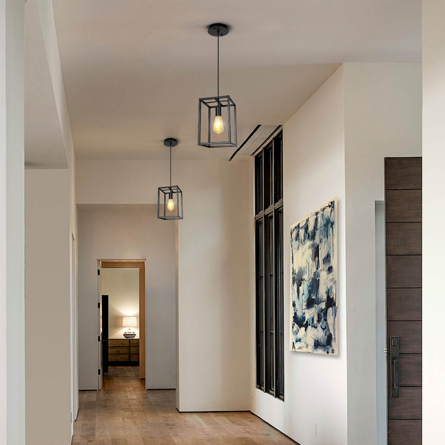 Coolilumi Square Pendant Lamps - Double Black Minimalist Clusters Hanging in Modern Hallway with Abstract Art and Wooden Flooring
