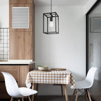 Coolilumi Square Pendant Lamp - Black Minimalist Frame, Hanging Over Kitchen Dining Table in Scandinavian-Style Small Space with Wood Cabinetry