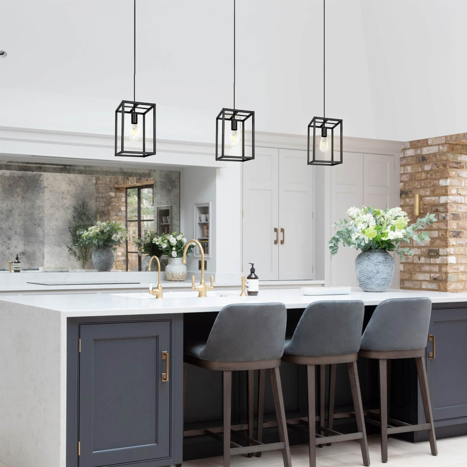 Coolilumi Square Pendant Lamps - Triple Black Industrial Clusters Hanging Over Modern Kitchen Island with Gray Cabinetry and Brass Accents