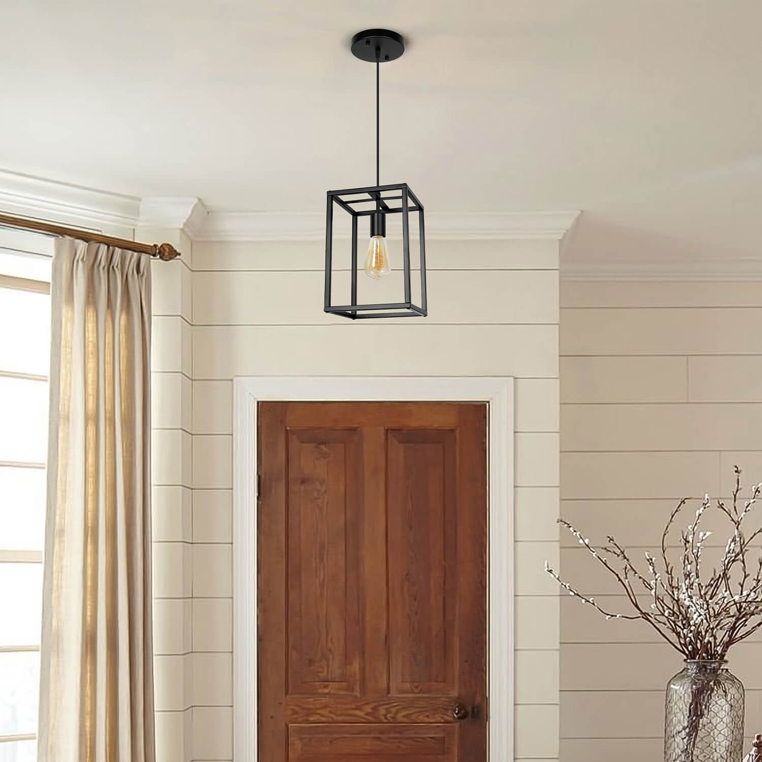 Coolilumi Small Square Lamp - Minimalist Black Hanging Pendant Light for Modern Interiors, Warm Illumination