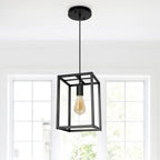 Coolilumi Small Square Pendant Lamp - Black Minimalist Metal Frame with Warm Edison Bulb, Hanging in Bright Modern Interior