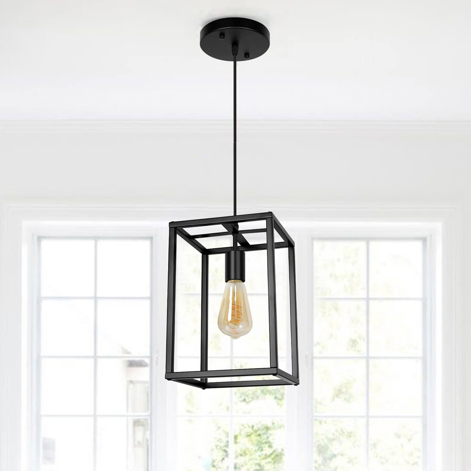 Coolilumi Small Square Pendant Lamp - Black Minimalist Metal Frame with Warm Edison Bulb, Hanging in Bright Modern Interior
