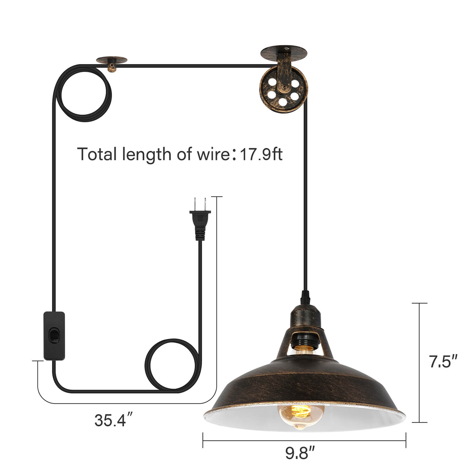 Open Pot Lid Lamp: 17.9ft Wire, Pulley Design Industrial Pendant - 9.8" Diameter