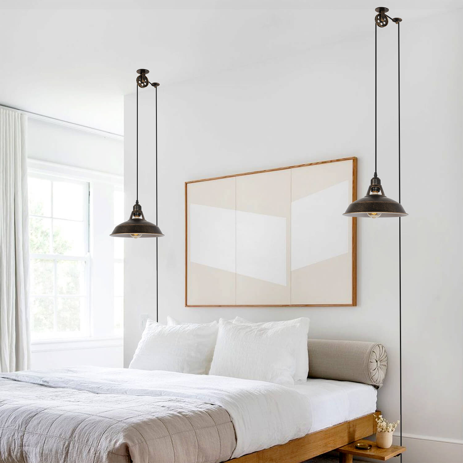 Open Pot Lid Lamp Pair - Industrial Minimalist Pendant Lights for Bedroom, Warm Glow