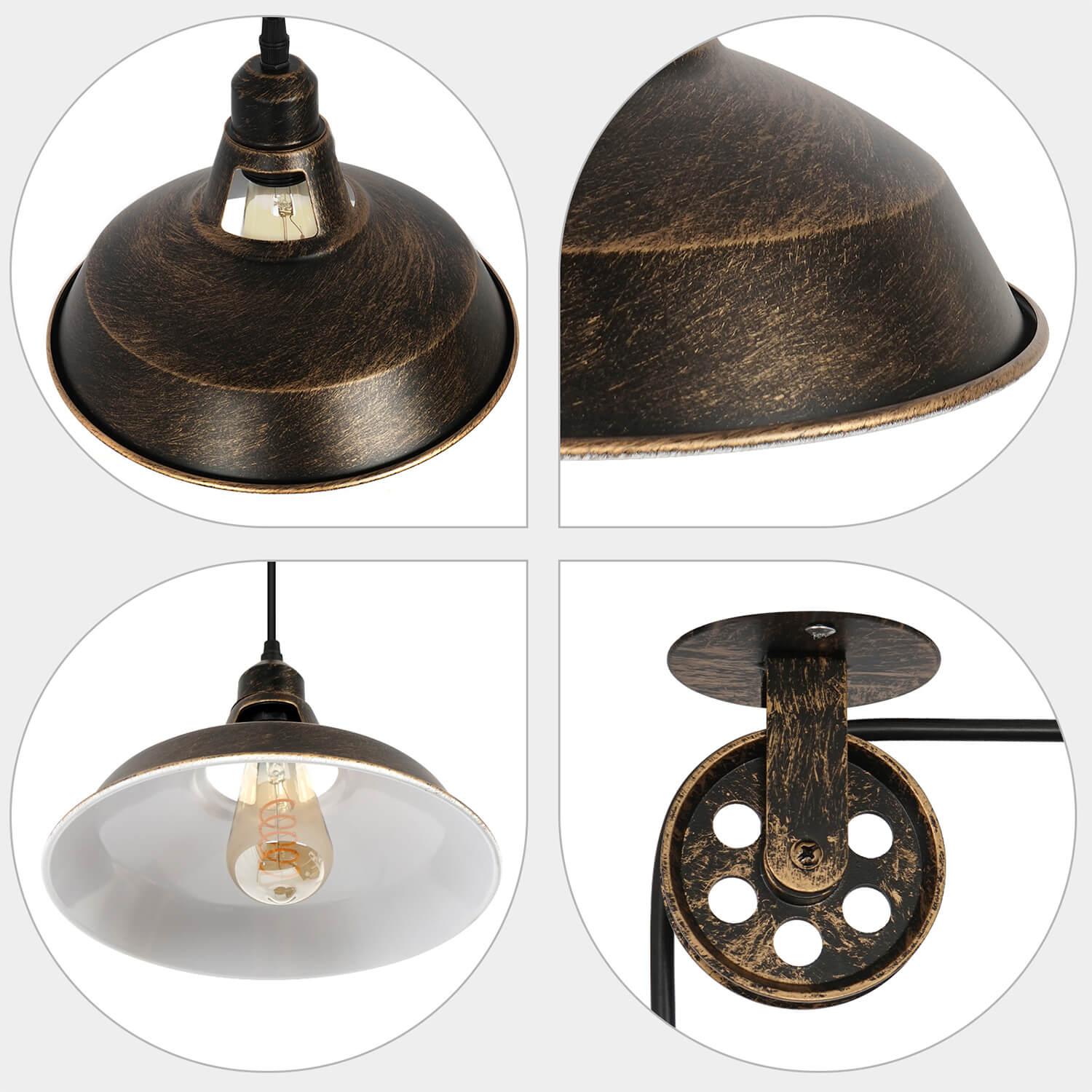 Open Pot Lid Lamp Detail: Antique Bronze Texture, Pulley & Glass Shade - Industrial Design