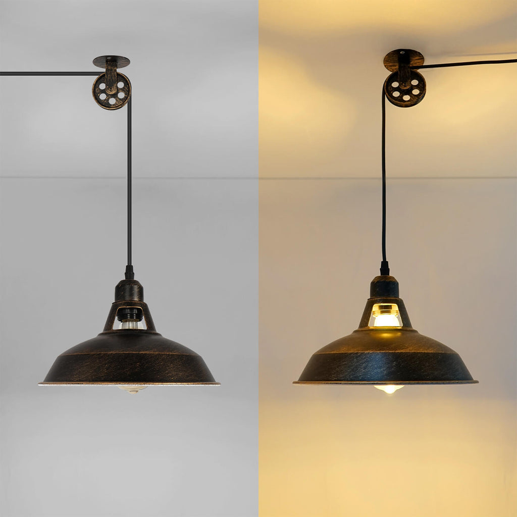 Open Pot Lid Lamp - Industrial Pulley Design, On/Off Lighting Contrast for Adjustable Ambiance