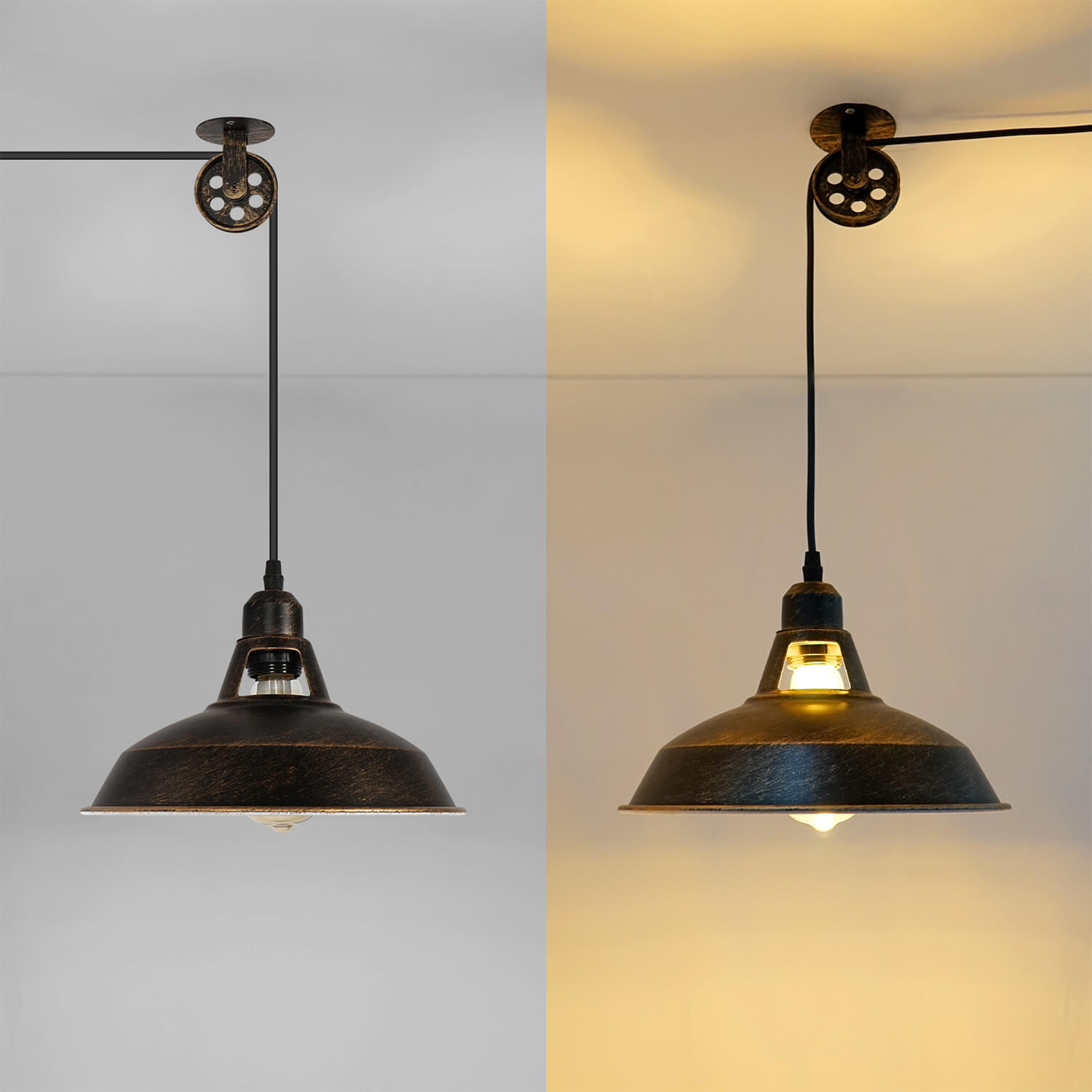 Open Pot Lid Lamp - Industrial Pulley Design, On/Off Lighting Contrast for Adjustable Ambiance