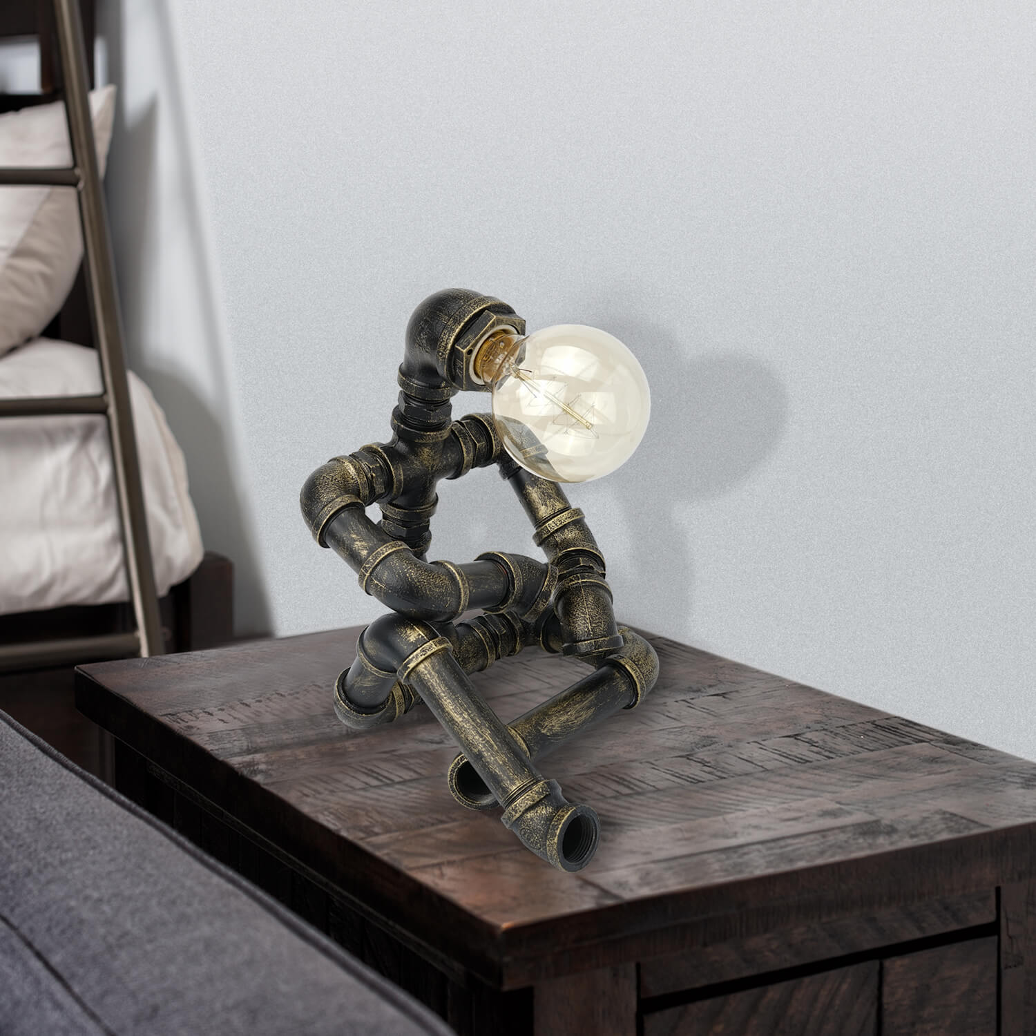 Robot Table Lamp - Industrial Pipe Design Antique Bronze, Quirky Desk Light for Kids & Adults
