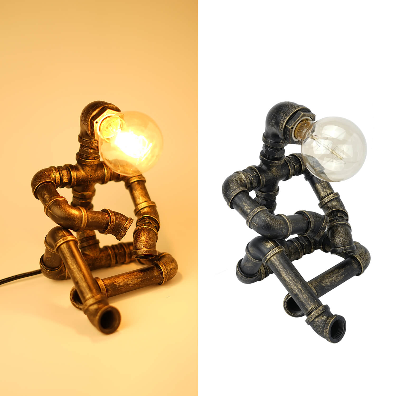 Robot Table Lamp - Industrial Pipe Design, On/Off Lighting Contrast for Kids & Adults